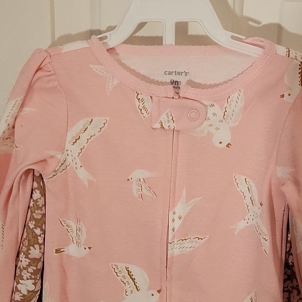 Carter's, baby girls 9M 2-piece set, pink and brown, long sleeves and footies. - Picture 3 of 11